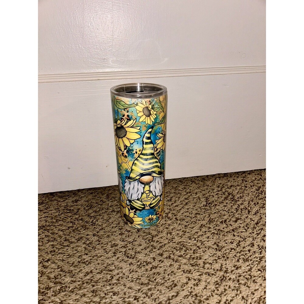 NEW SUNFLOWER GARDEN GNOMES TUMBLER CUP 20 OZ STAINLESS STEEL +LEAK PROOF LID